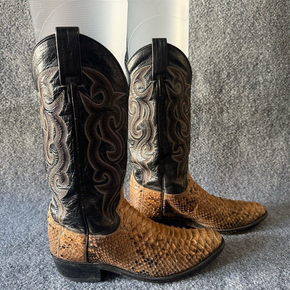 Tony Lama Men's Western Cowboy Boots Brown Snakeskin Vamp Black Shafts Size 8.5